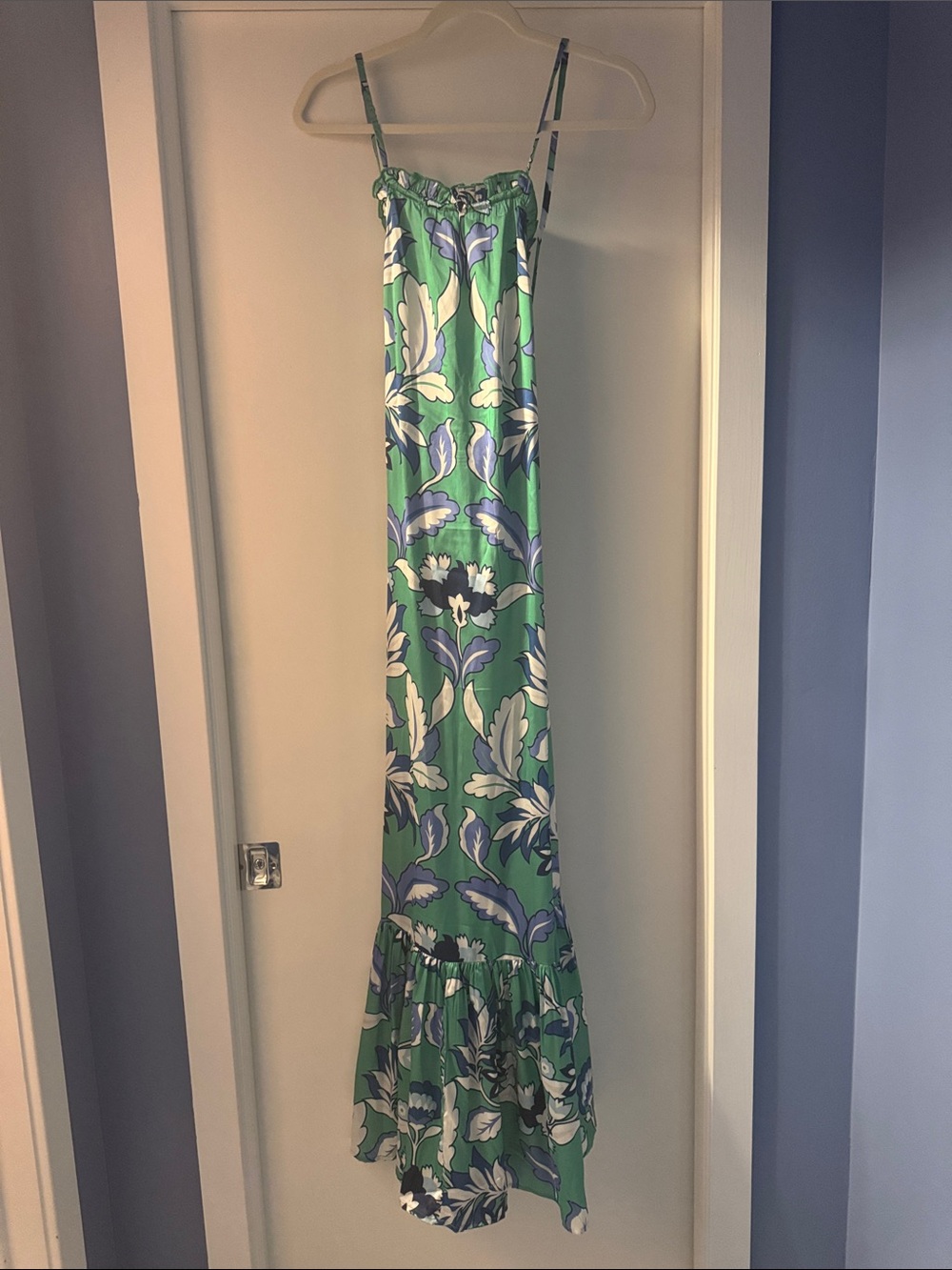 Anthropologie Green Maxi Dress with Blue and White Floral Print